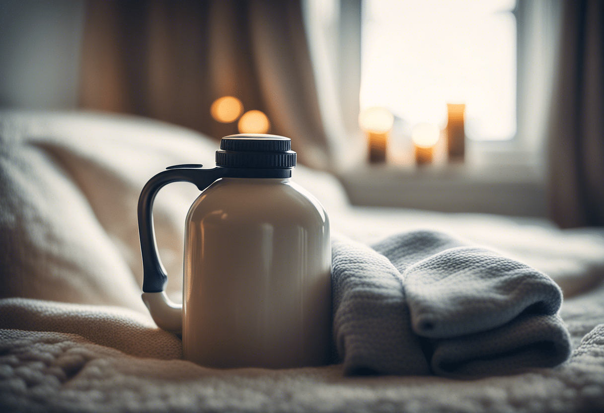 Bouillotte sur un lit avec une tasse de thé  
Objet réconfortant posé sur un plaid douillet