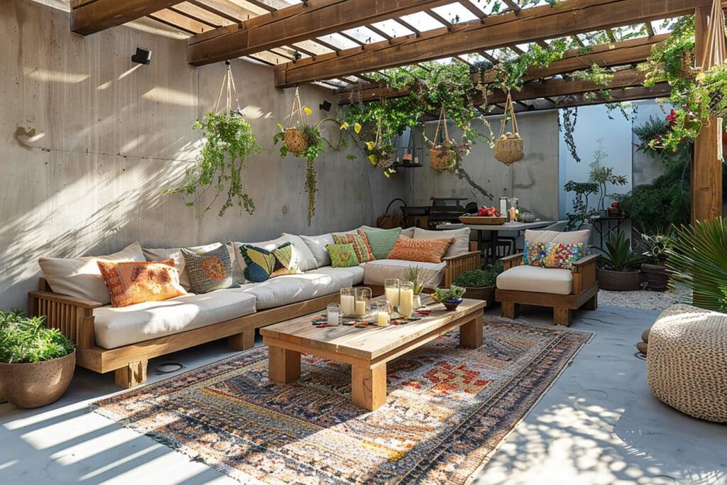 Terrasse ensoleillée avec plantes et mobilier coloré