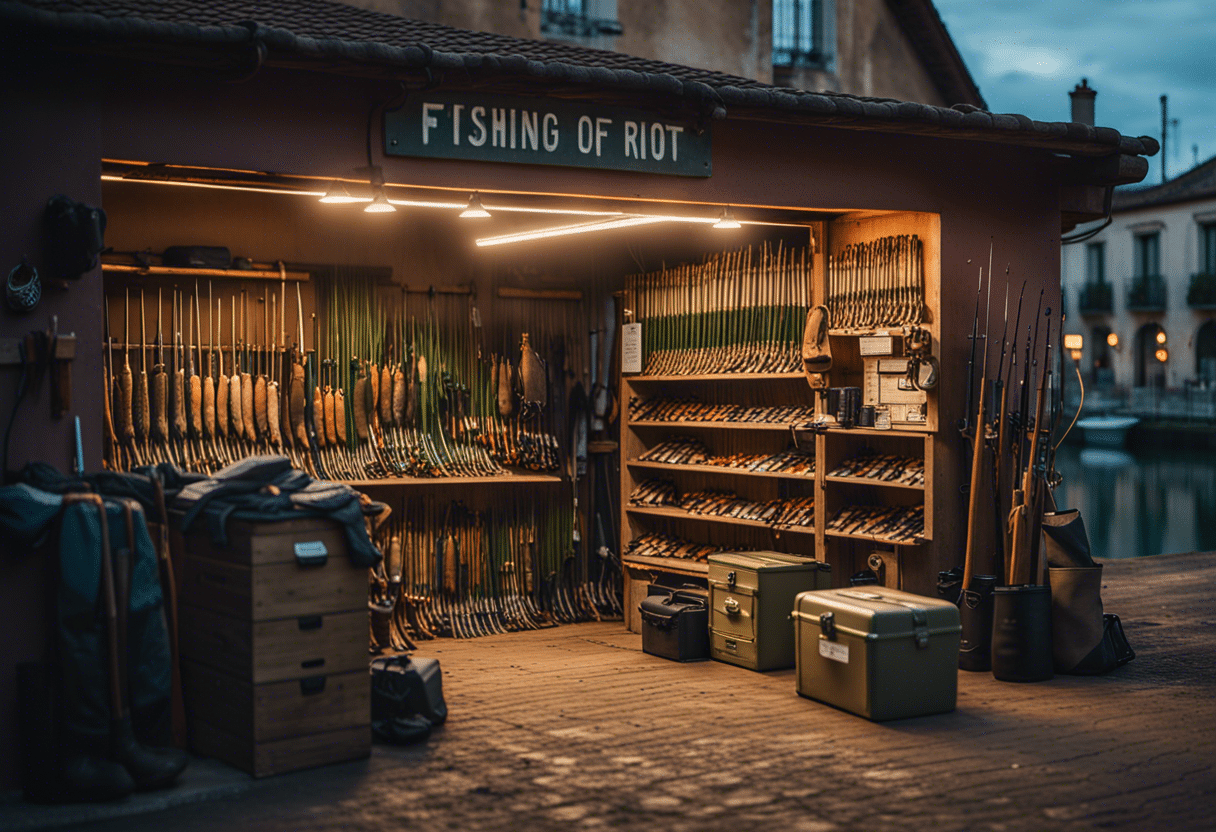 Magasin de pêche et chasse animé avec clients  
Produits de pêche et chasse exposés dans un magasin