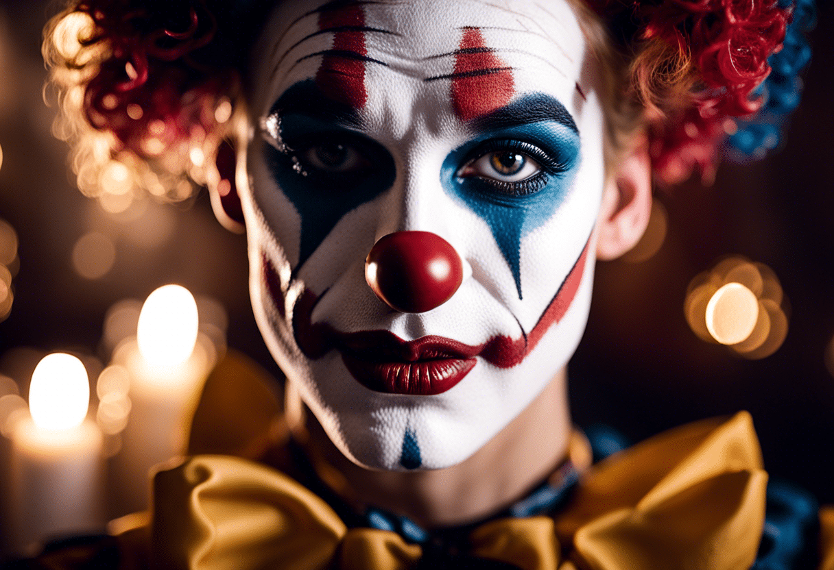 maquillage clown vif avec couleurs éclatantes  
visage peint en rouge et noir avec sourire large