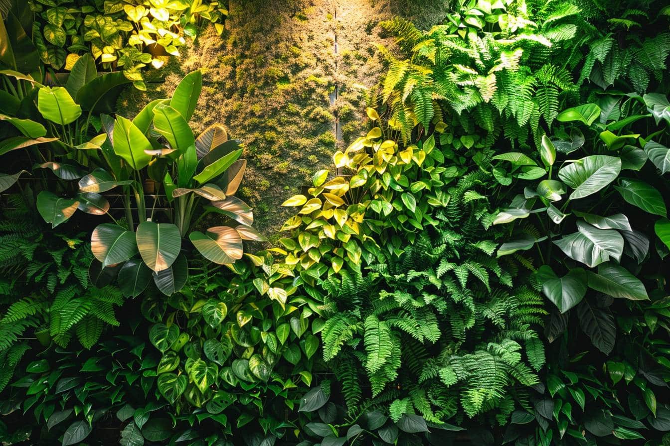 Mur recouvert de plantes variées et luxuriantes