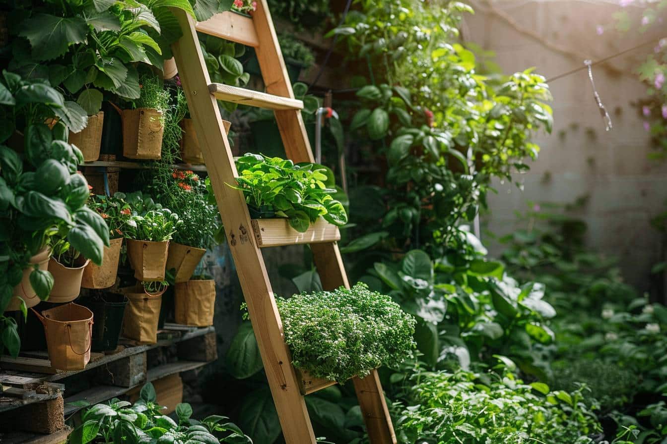 Potager urbain dans un espace restreint et verdoyant  
Jardin compact avec légumes et plantes en harmonie