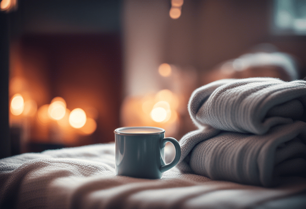 Bouillotte sur un lit avec une tasse de thé