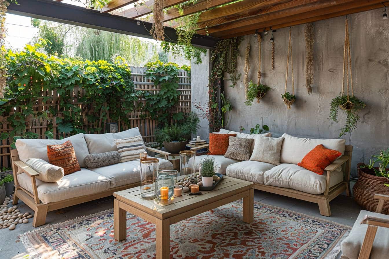 Terrasse ensoleillée avec plantes et mobilier coloré  
Espace convivial agrémenté de coussins et lumières douces