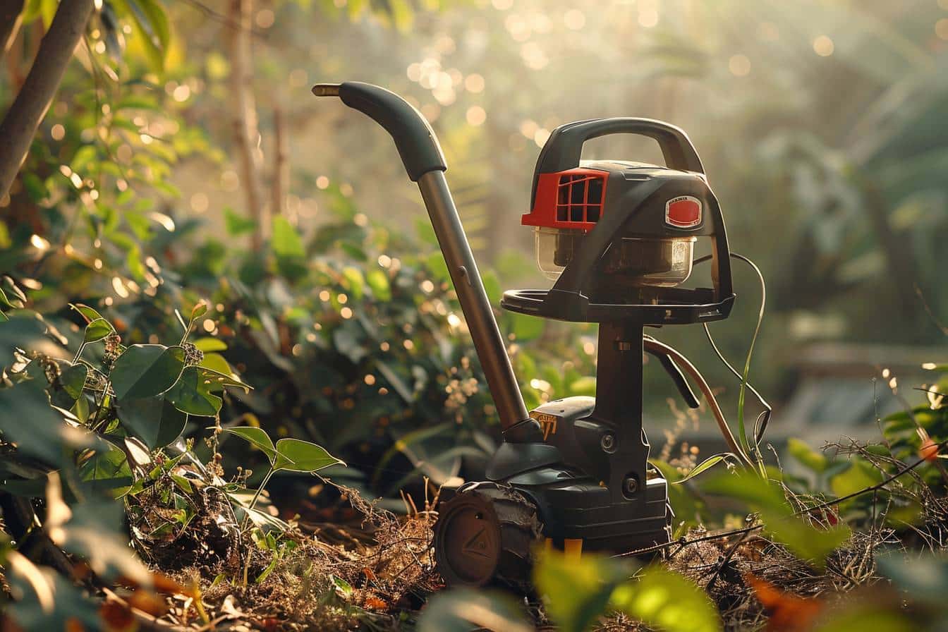 Débroussailleuse thermique en action dans un jardin